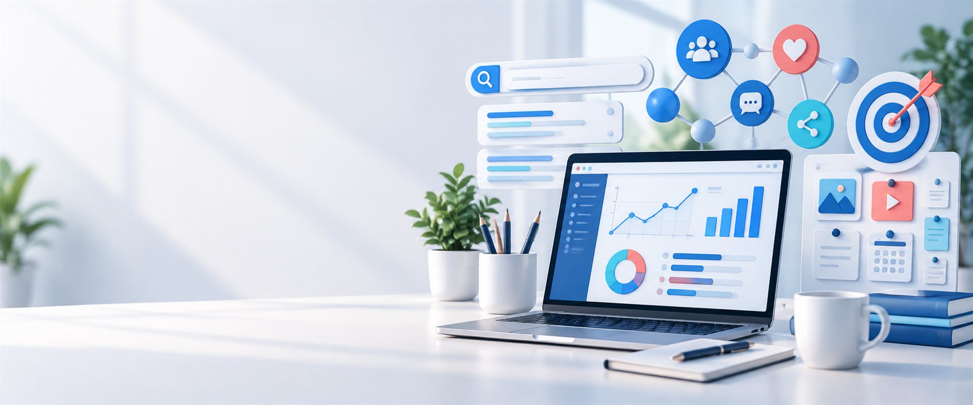 Espacio de trabajo de marketing digital con analítica, SEO y redes sociales